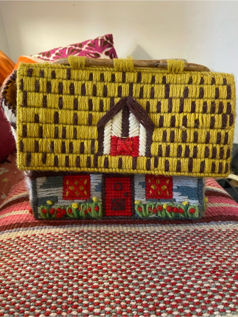 Hand Crafted Yellow & Red Woven House Hand Bag